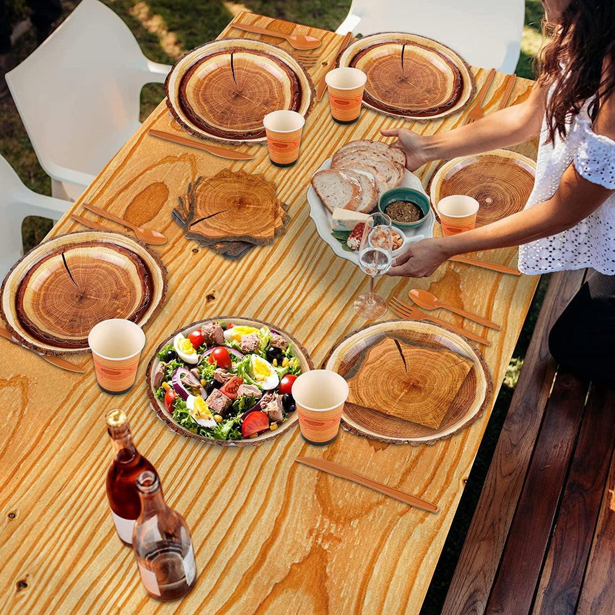 129 Pieces Hunting Birthday Party Supply Camping Party Plate Tablecloth Cup Napkins Wood Slice WoodArtSupply