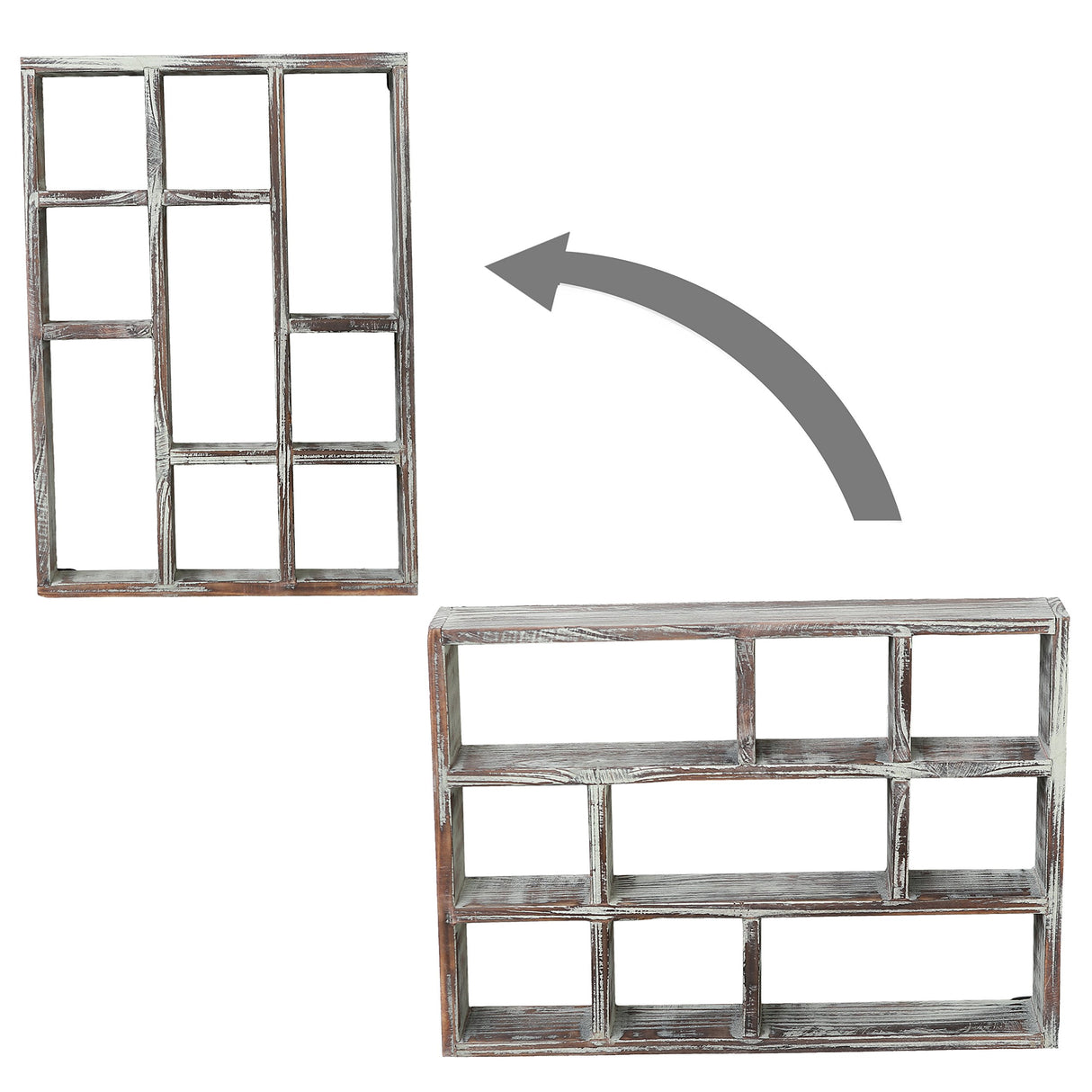 MyGift 9 Compartment Rustic Torched Solid Wood Shadow Box, Wall Mountable Curio Display Case, Freestanding or Floating Shelf for Collectible MyGift