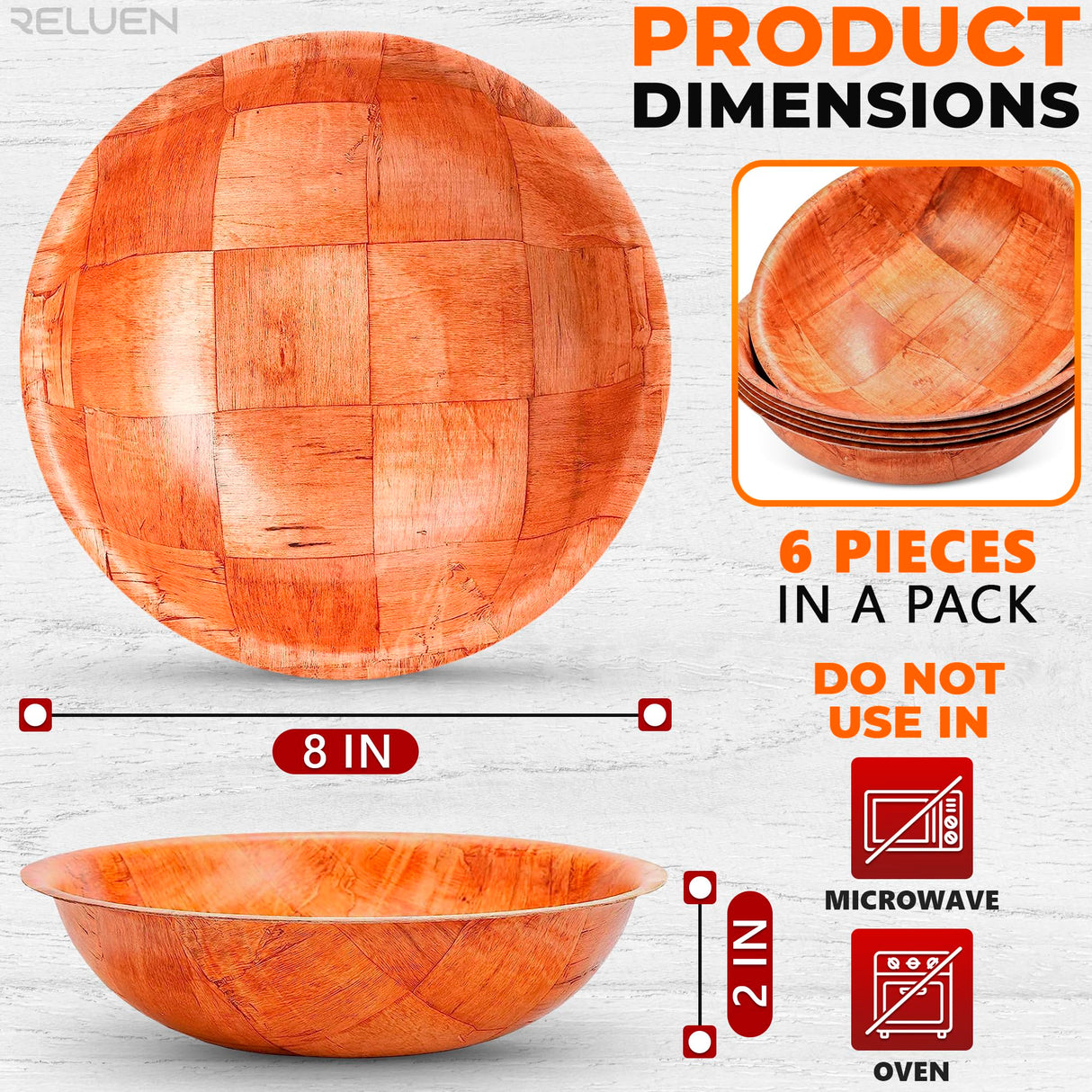 6Pcs Wooden Salad Bowl Set - Decorative Bowls for Kitchen Large Serving Bowls for Entertaining Small Snack Bowls Set Soup - 8 Inch Fruit Bowl for Reluen