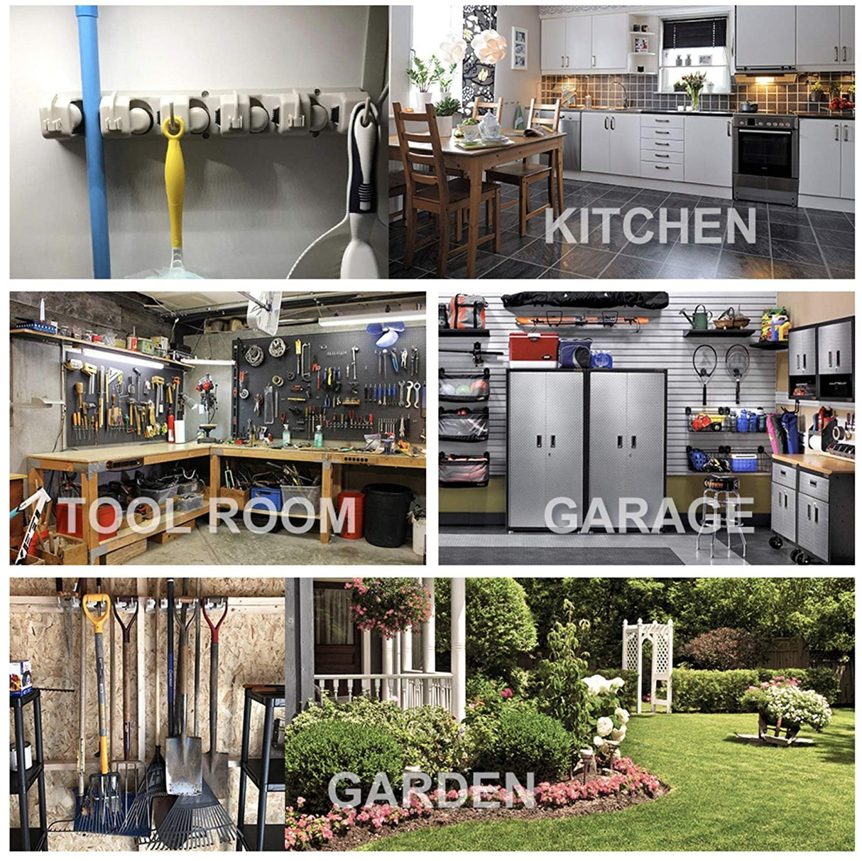 IMILLET 2 Pack Mop and Broom Holder, Wall Mounted Organizer Mop and Broom Storage Tool Rack with 5 Ball Slots and 6 Hooks (Black) IMILLET