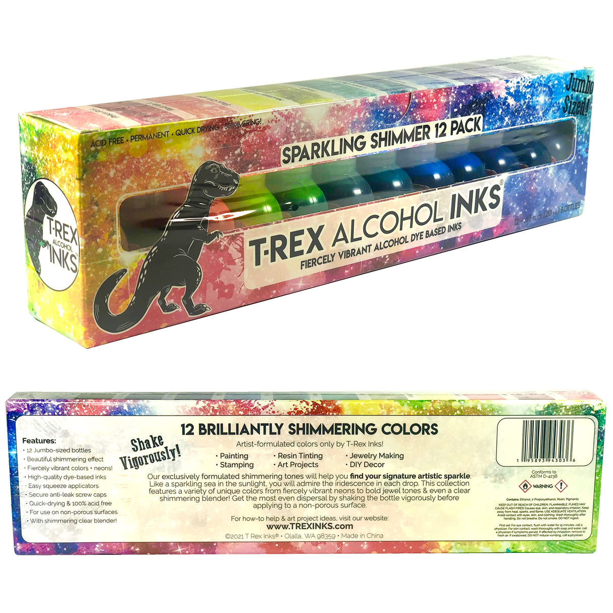 T-Rex Inks Starlight Shimmer Sparkling Alcohol Ink 12 Bottle Set - Glitter Alcohol Ink for Epoxy Resin Dye, Painting, Tumbler Making & More - T-Rex Alcohol Inks