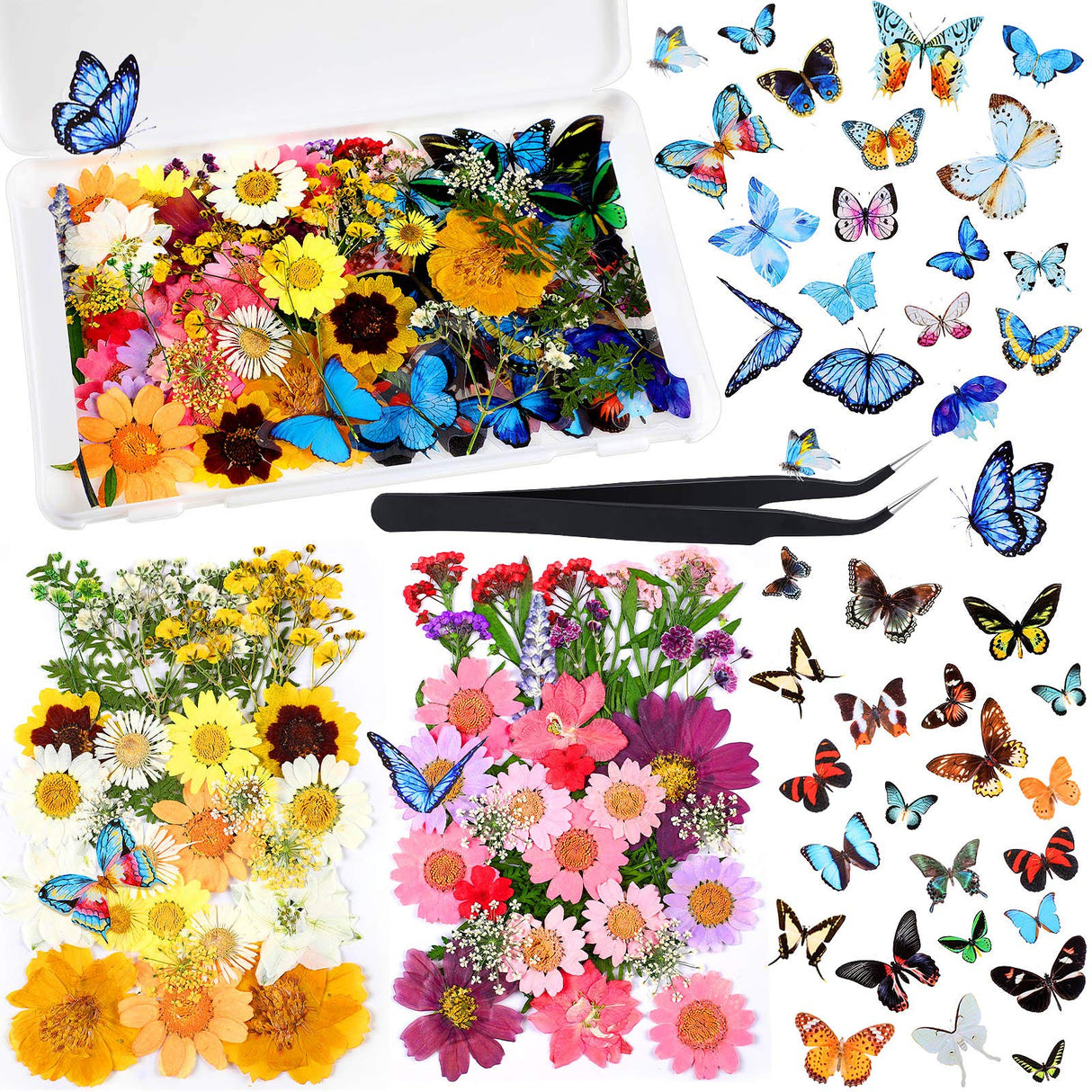 Dried Pressed Flower and Butterfly Transparent Sticker Set, Natural Real Dried Flower Butterfly Scrapbook Decal with Box and Curved Tweezers for DIY Nuanchu