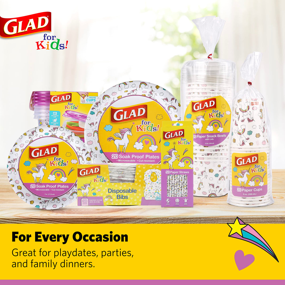 Glad for Unicorns Paper Bibs, 30 Count | Disposable Travel Paper Bibs with Cute Unicorns Design for Kids | Art & Craft Disposable Kids Bibs Glad