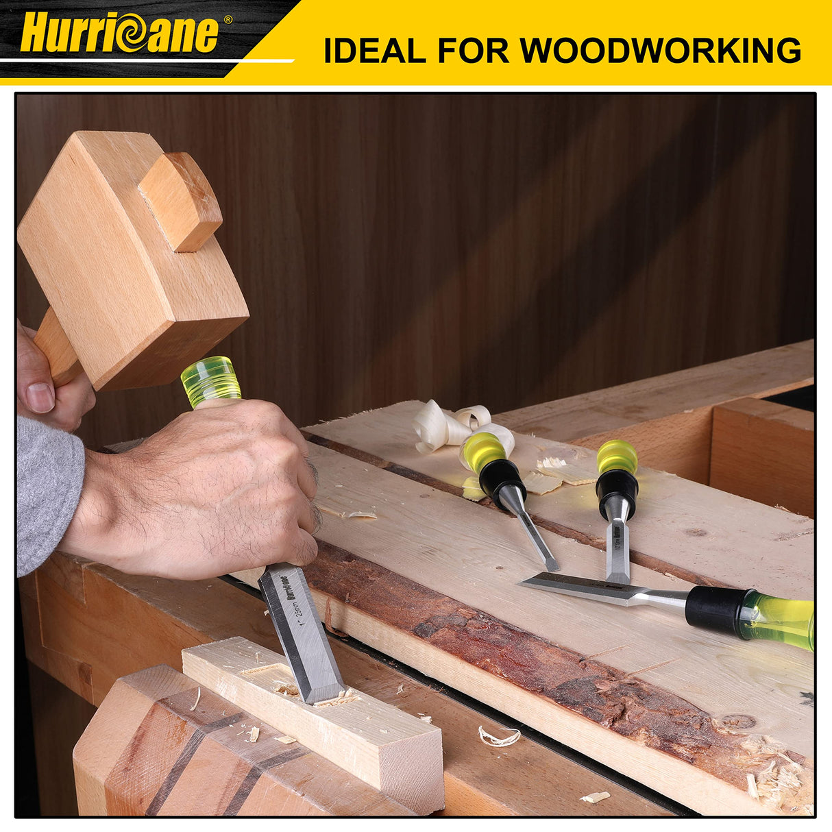 HURRICANE 4 Piece Wood Chisel Set for Woodworking, CRV Steel Beveled Edge Sharp Blade with Caps, Extra Large Size Durable PVC High Impact Handle, HURRICANE