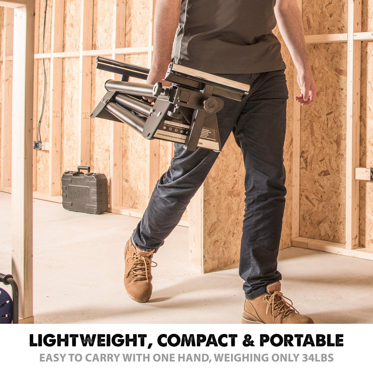 Evolution Power Tools EVOMS1 Miter Saw Stand Compact & Folding, Universal Fits Most Brands, Quick Release Mounting Brackets, Rollers, End Stops for Evolution