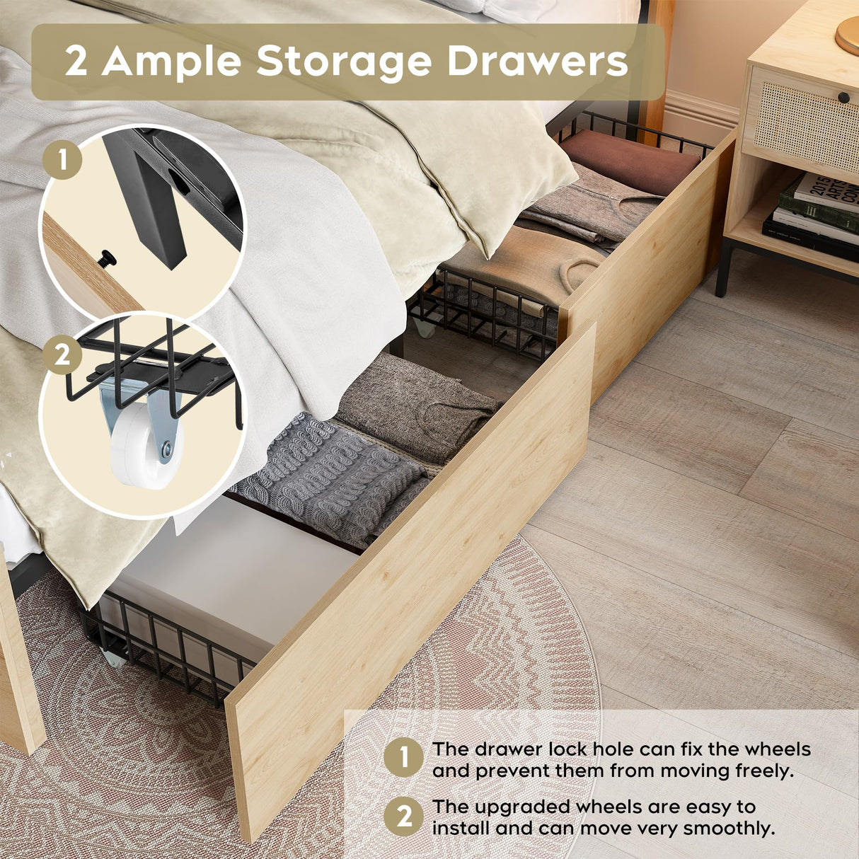 Natural Rattan Queen Bed Frame with 4 Storage Drawers and Sturdy Steel Support XIAO WEI