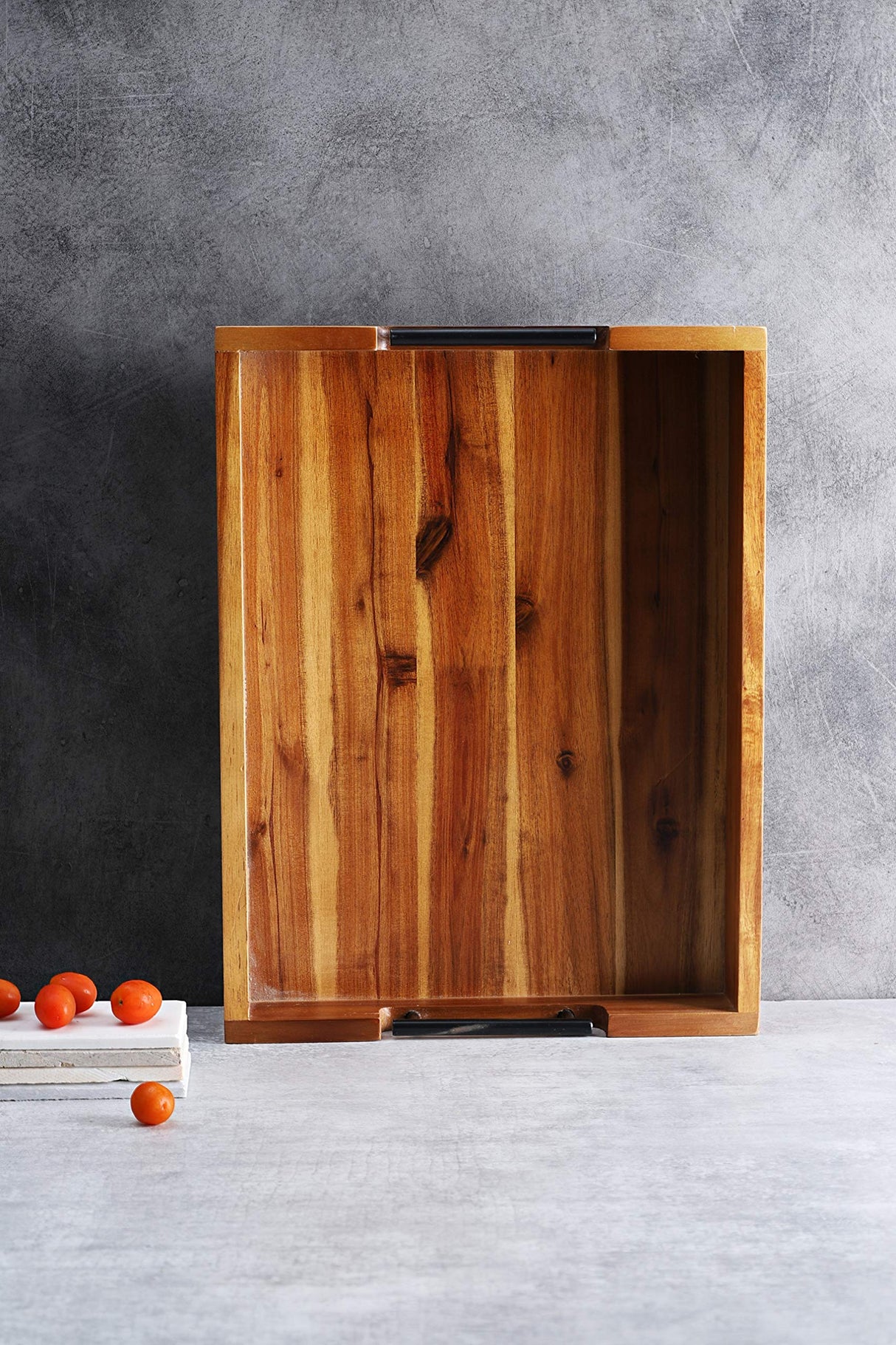 Ottoman Tray, 16.5"x12.5" Acacia Wood Serving Tray with Black Metal Handles, Great for Ottoman Tray, Food Tray, Breakfast Tray, Eating Tray…… RAKYTO