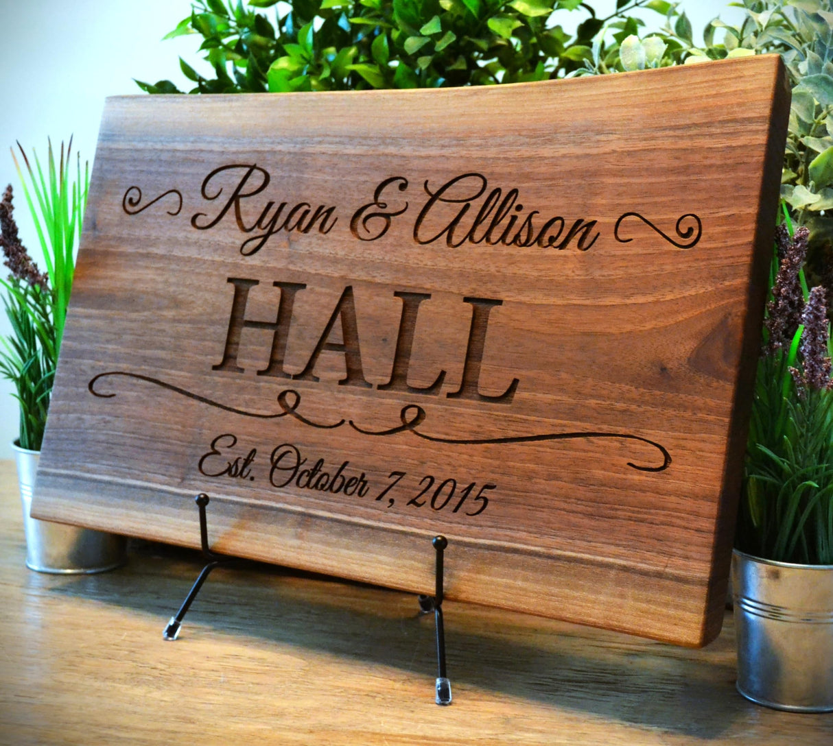 Personalized Cutting Board Wedding Gift Elegant Walnut Polished Live Edge Wood Display Custom Engraved Rustic Unique Anniversary Bride Groom Newlywed GK Grand Personal-Touch Premium Creations