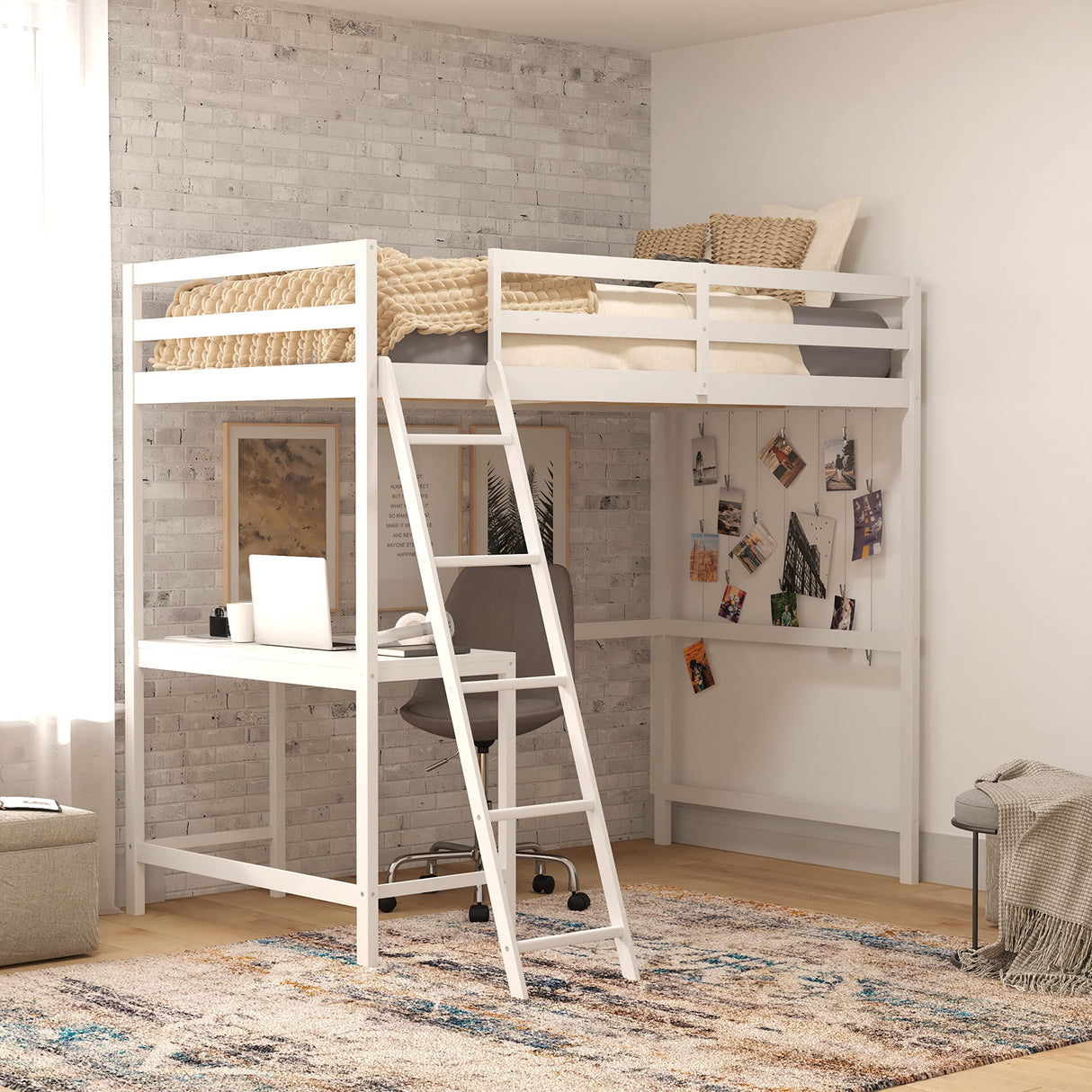 BizChair Twin Size Loft Bed Frame with Built-In Desk & Guard Rails - White BizChair