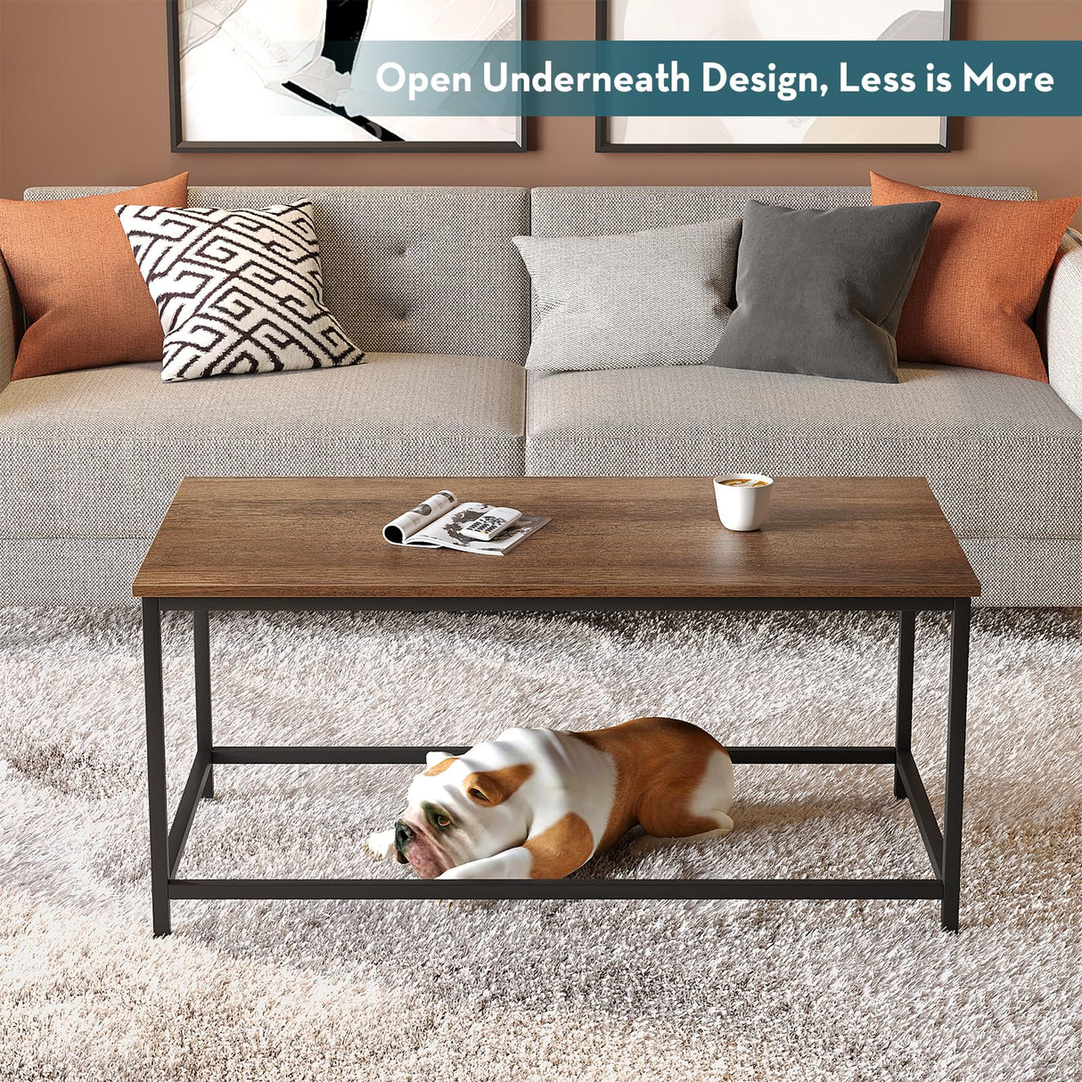 SAYGOER Coffee Table Simple Modern Rectangular Center Table Open Space Minimalist for Living Room Home Office Industrial Cocktail Tables, Dark Walnut SAYGOER