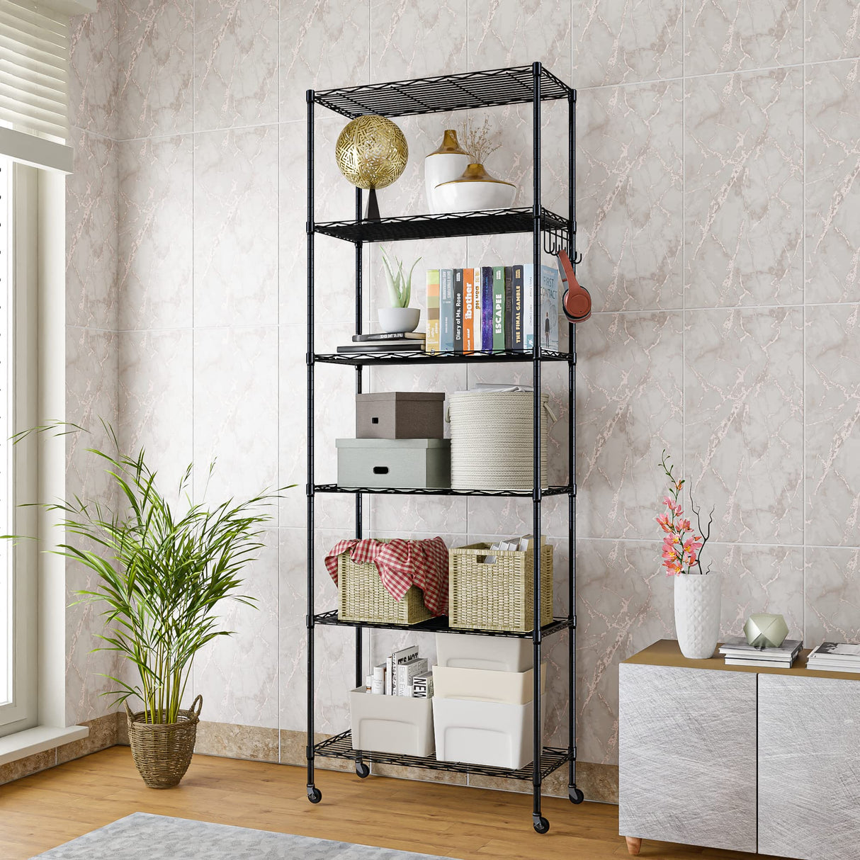 Homdox 6 Tier Wire Shelving Unit on Wheels, Storage Shelves for Garage Kitchen Living Room, Heavy Duty Shelving Rack, 21.26 x 11.42 x 72.05 inch (L x Homdox