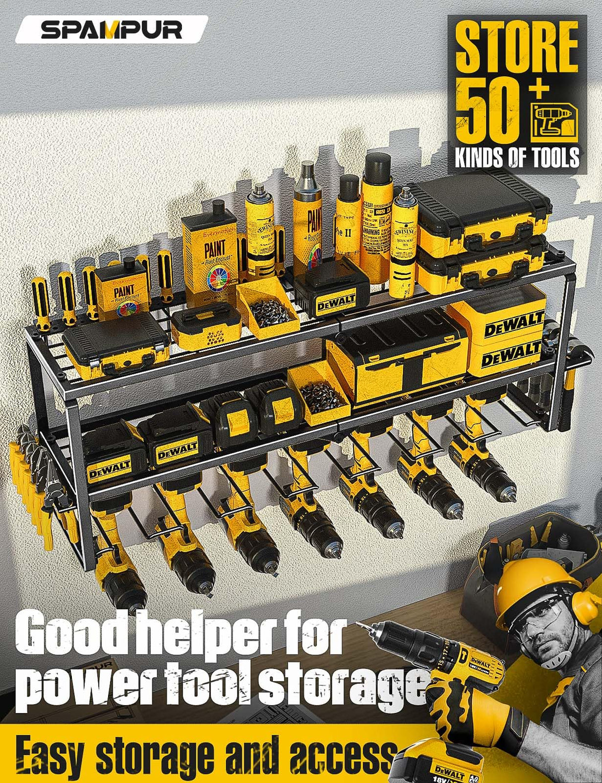 Spampur Power Tool Organizer for Tool Storage, Drill Holder Wall Mount with Charging Station, Tool Holder and Storage Rack for Garage Organization, Spampur