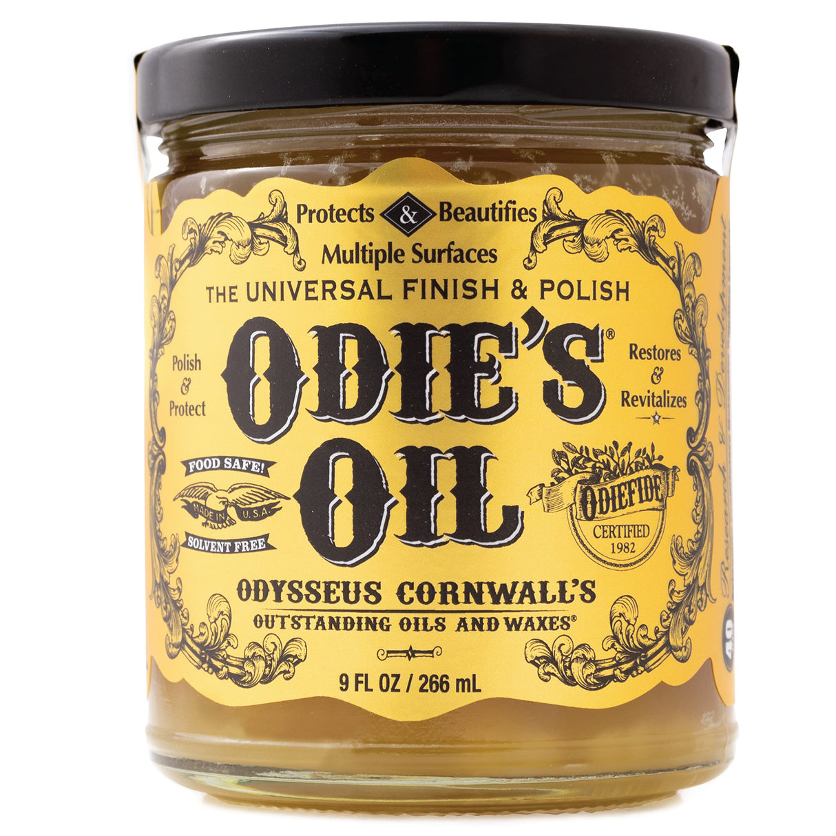 Odie's Oil • Universal Finish for Wood • Leather • Plastic • Vinyl • Metal and More • 9 Ounce Glass Jar • Food Safe and Solvent Free Non Toxic Finish ODIE'S