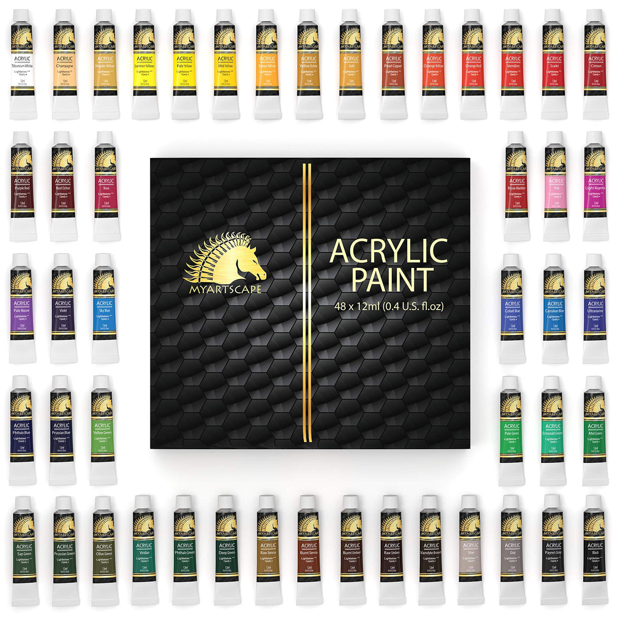 MyArtscape Acrylic Paint Set - 48 x 12ml Tubes - Lightfast - Heavy Body - Non Fading - Vibrant Colors - Artist Quality Painting Supplies - MyArtscape