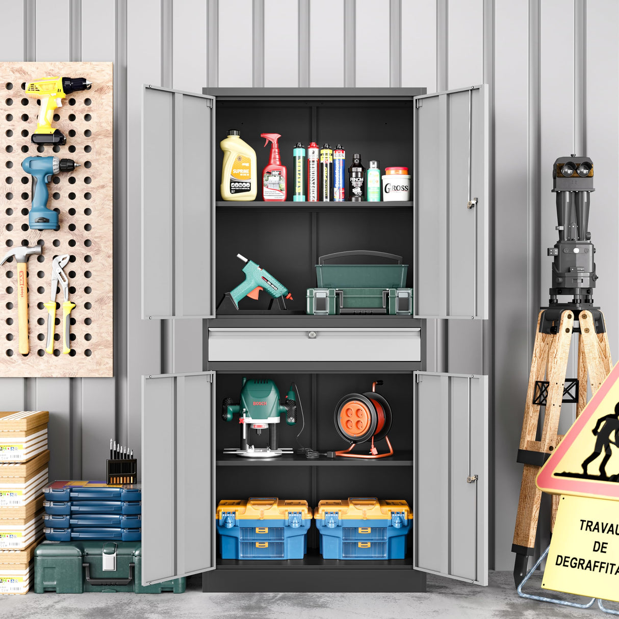 LISSIMO Metal Garage Storage Cabinet with Drawer, 71" Garage Storage Cabinet with Adjustable Shelves and 4 Doors, Lockable Lateral File Cabinet for LISSIMO