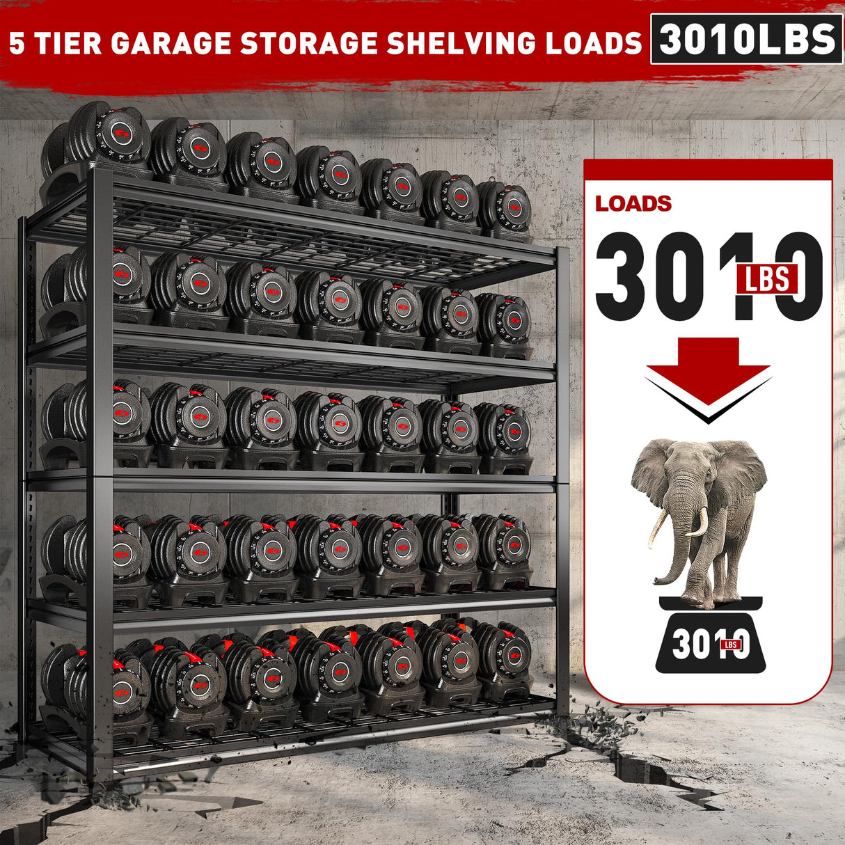 REIBII 48.2''W Garage Shelving Heavy Duty Loads 3010LBS Garage Storage Shelves Heavy Duty Shelving 5 Tier Adjustable Metal Shelving for Storage Rack REIBII