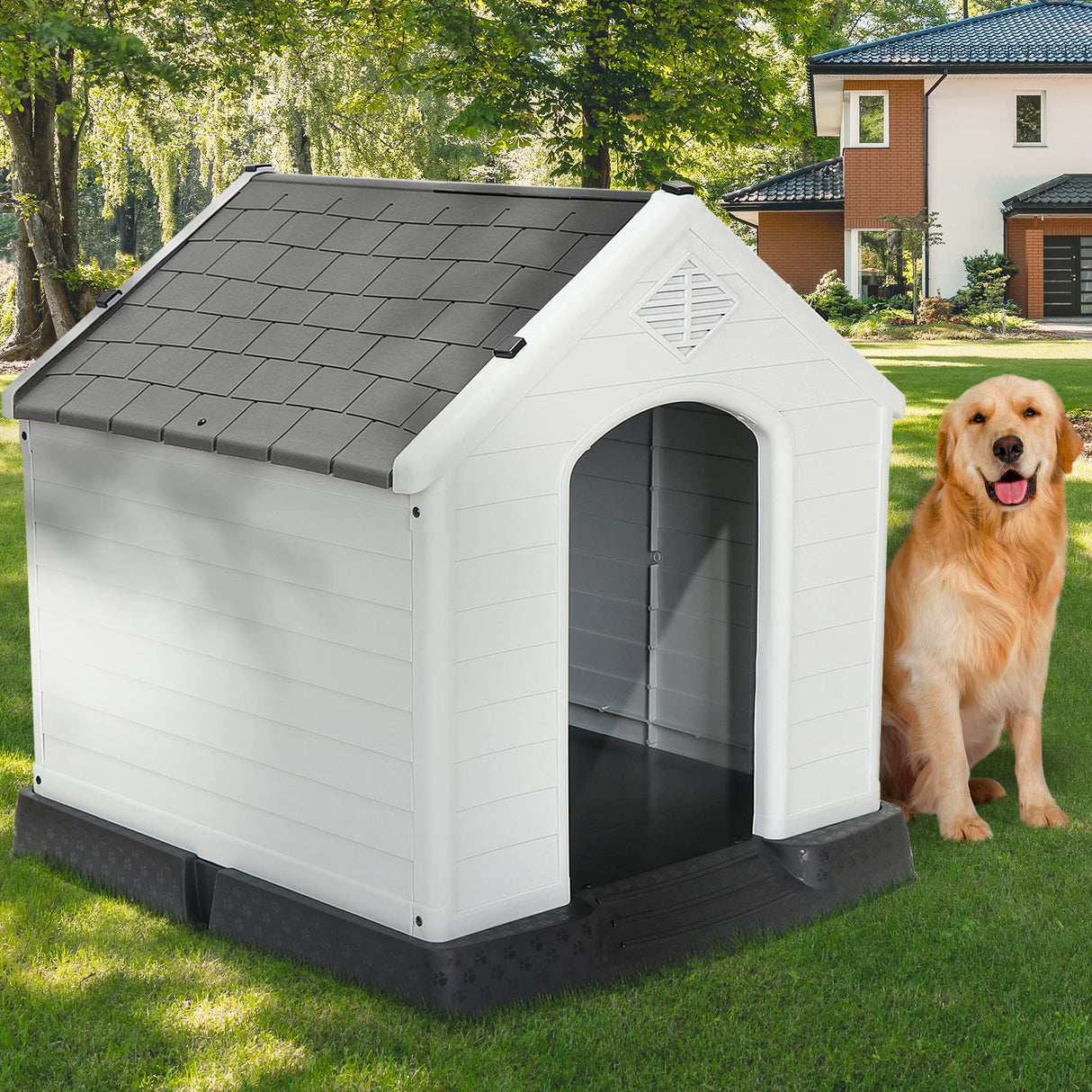 Pet Republic Large Plastic Dog House Indoor Outdoor Doghouse Dog Kennel Easy to Assemble Puppy Shelter w/Air Vents Elevated Floor Waterproof Pet Republic