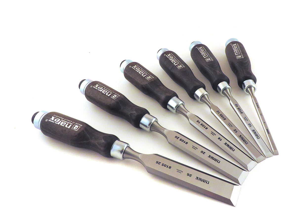 Narex 6 pc Set 6 mm (1/4), 10 (3/8), 12 (1/2), 16 (5/8), 20 (13/16), 26 (1-1/16) Woodworking Chisels in Wooden Presentation Box 853053 Narex