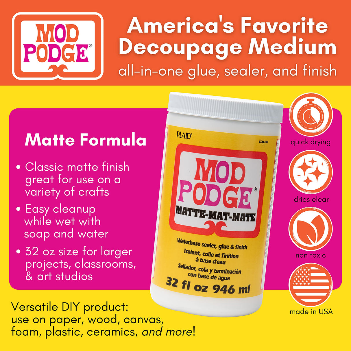 Mod Podge CS11303 Waterbase Sealer, Glue and Finish, 32 oz, Matte Mod Podge
