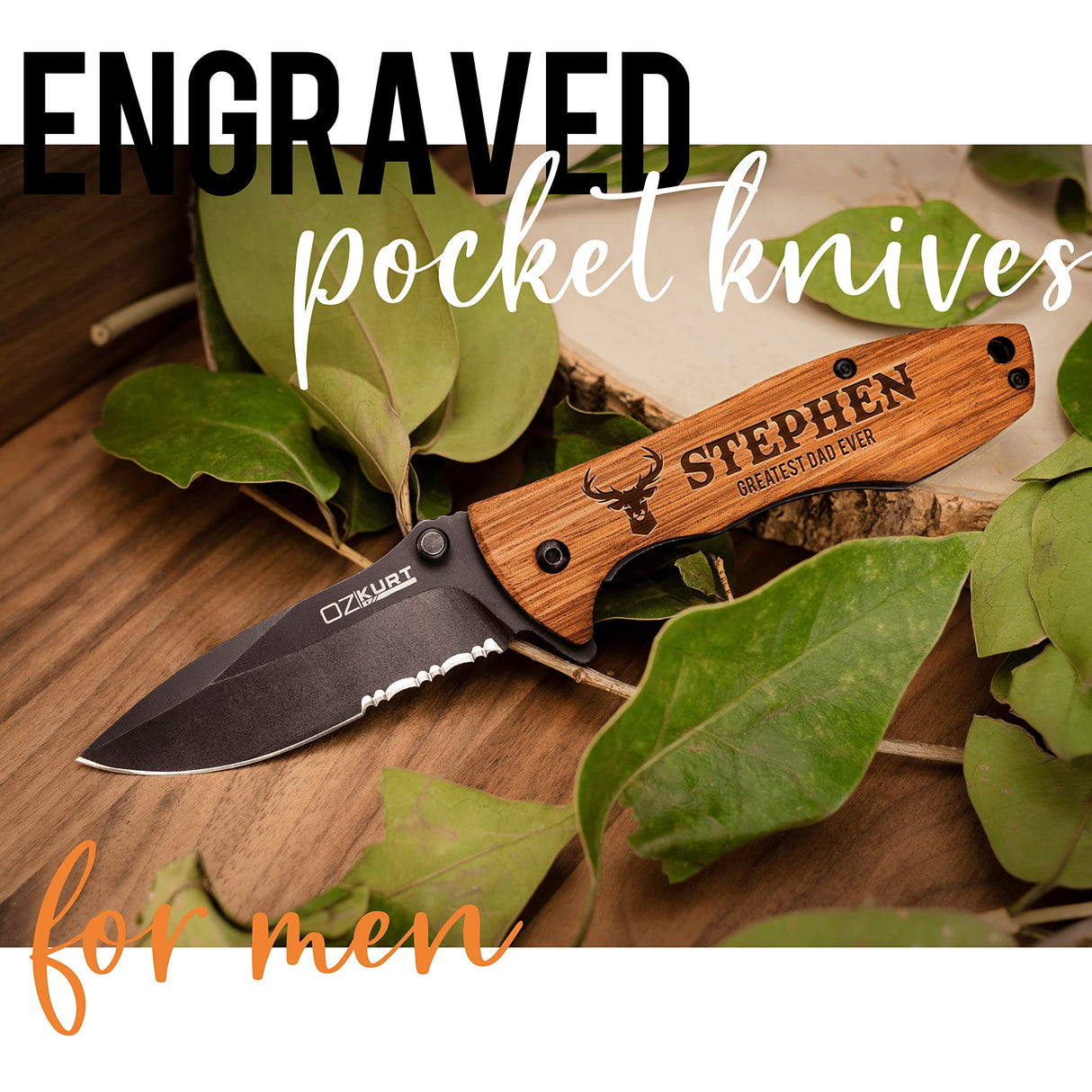 Gifts for Men, Personalized Engraved Oak Wood Pocket Knife - 36 Icons, 20 Stylish Font - Custom Knives Customization Mill