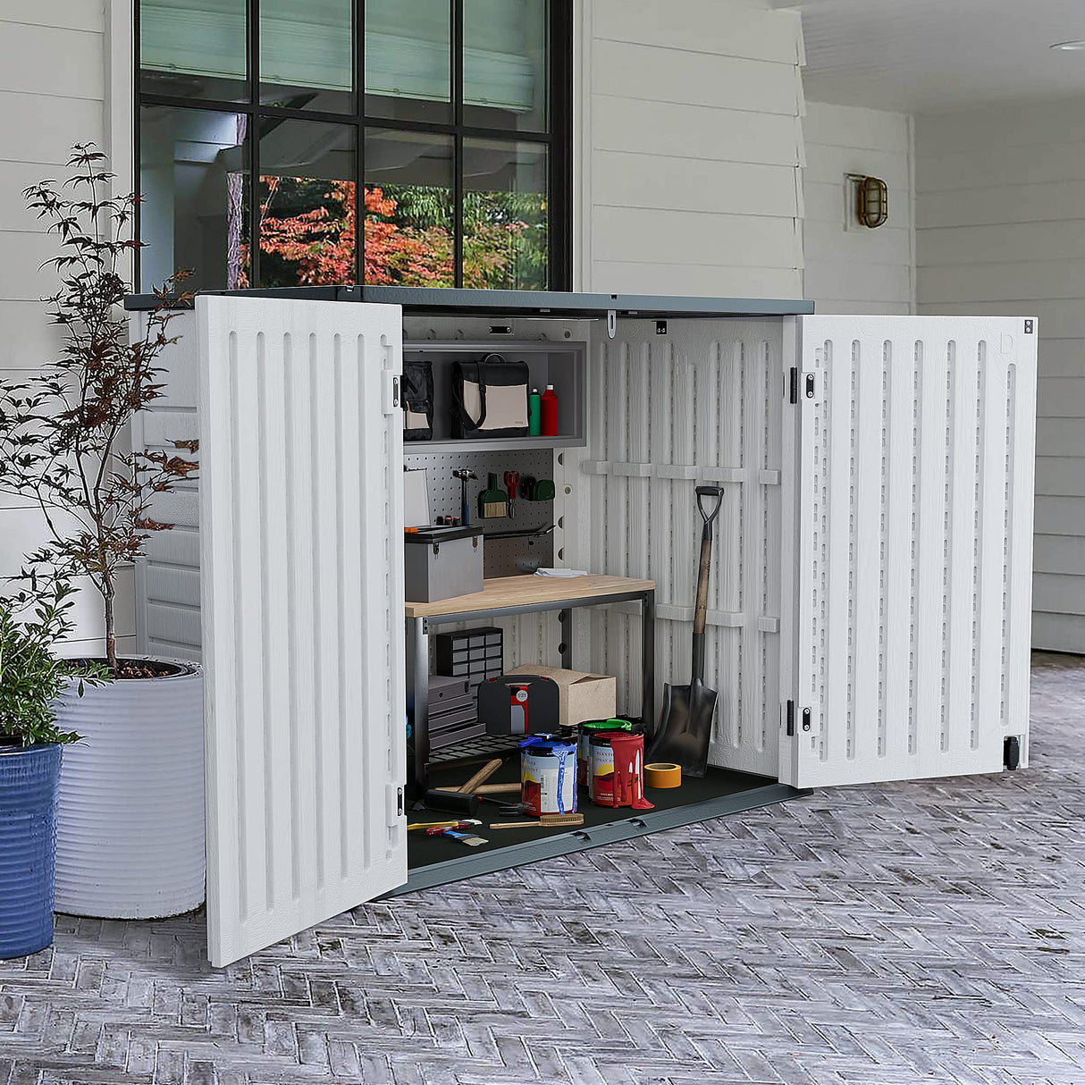 Homall Resin Outdoor Storage Shed 28 Cu Ft Horizontal Outdoor Storage Cabinet, Weather Resistant Resin Tool Shed, Multi-Purpose Shed Lockable Outdoor Homall