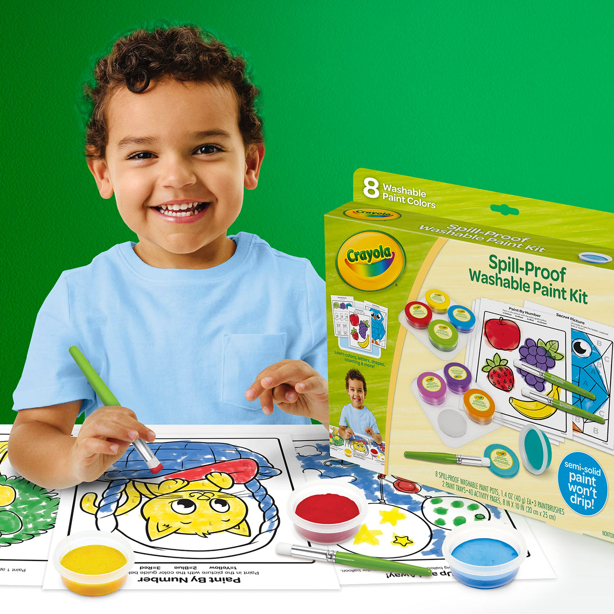 Crayola Spill Proof Paint Set (8ct), Washable Toddler Paint Kit, with Activity Pages, Kids Paint Brushes, Paint Pots, Ages 3+ Crayola