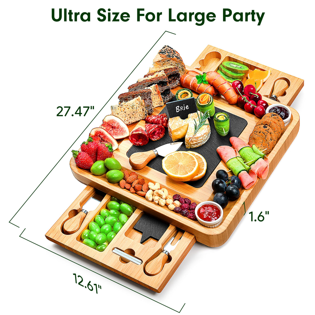 Easoger Large Bamboo Charcuterie Board with 2 Drawers, Knife and Bowls - Unique Housewarming, Wedding and Bridal Gift Easoger