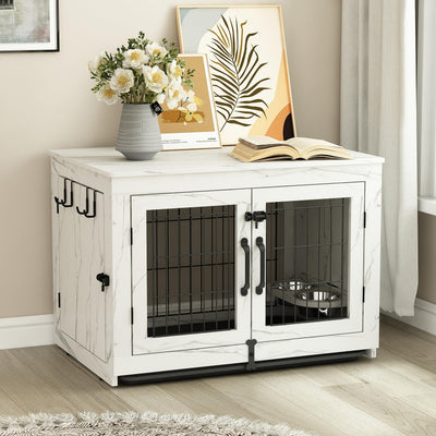 Piskyet Wooden Dog Crate Furniture with 360°Rotatable Removable Dog Bowls, Dog Crate End Table with Tray, Double Doors Dog Kennels for Medium Dogs