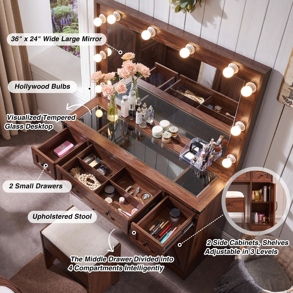 JXQTLINGMU Farmhouse Makeup Vanity Desk with Mirror and Lights, 43'' Glass Tabletop Vanity Table with 3 Drawers & Shelves, Rustic Large Vanity Set JXQTLINGMU