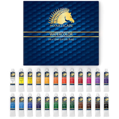 MyArtscape Watercolor Paint Set - 24 x 12ml Tubes - Lightfast - Vibrant Colors - Excellent Transparency - Kit for Vivid Watercolors Painting -