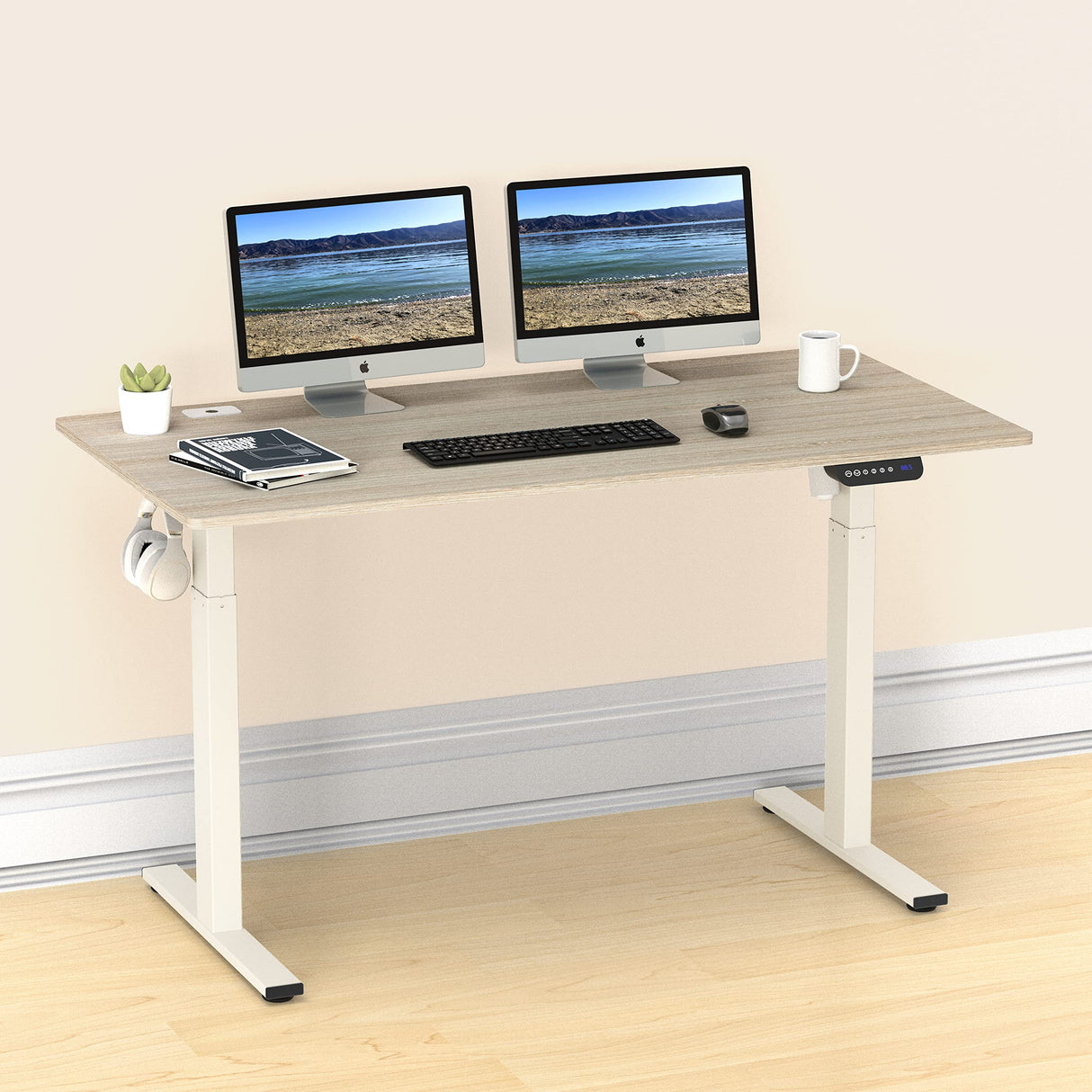 SHW 55-Inch Large Electric Height Adjustable Standing Desk, 55 x 28 Inches, Maple SHW