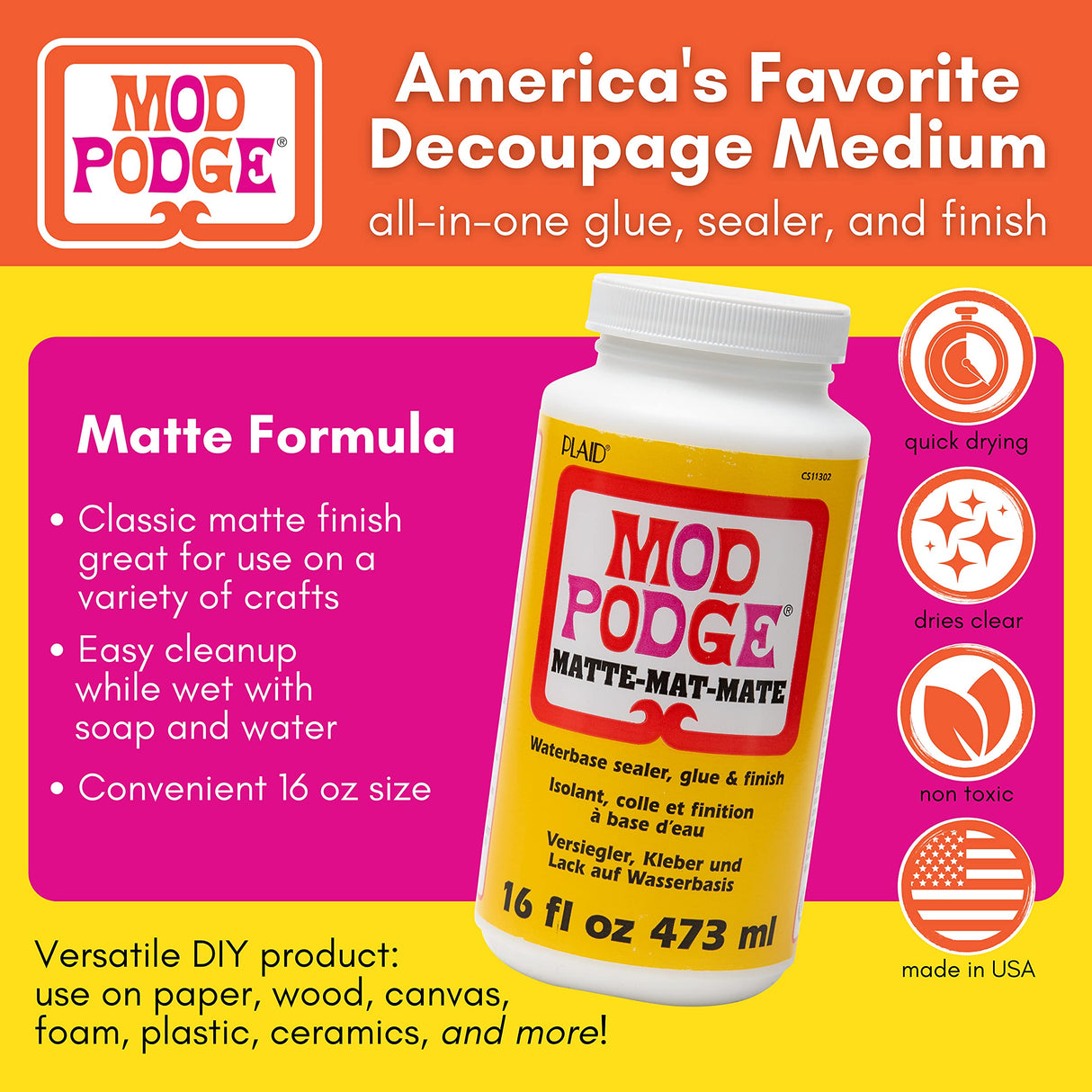 Mod Podge CS11302 Waterbase Sealer, Glue and Finish, 16 oz, Matte Mod Podge