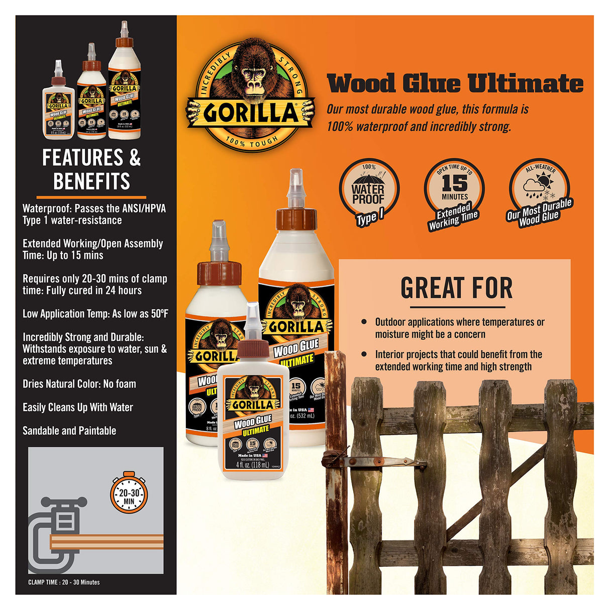Gorilla Ultimate Waterproof Wood Glue, 18 Ounce, Natural Wood Color, (Pack of 1) Gorilla