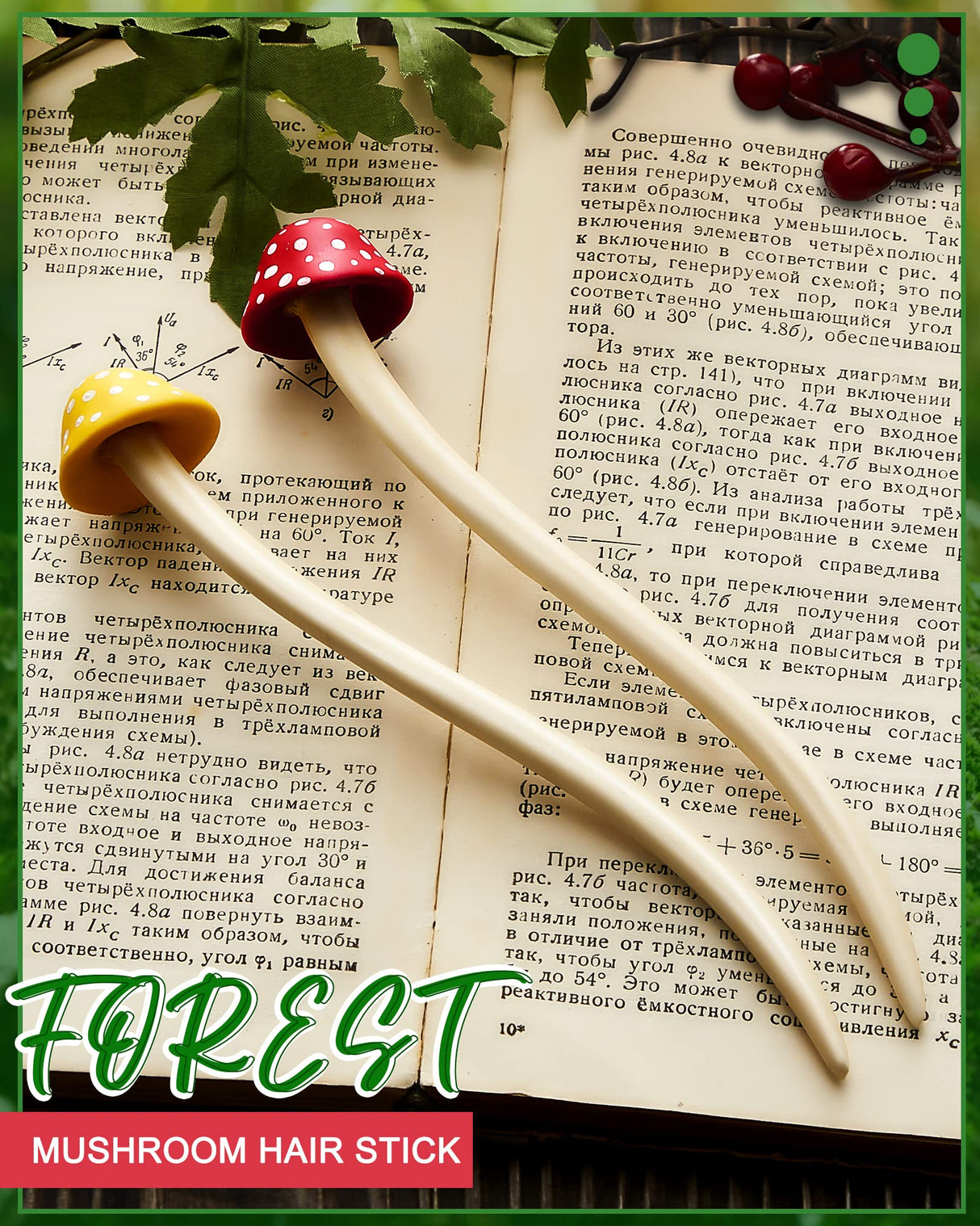 Taiyin 2 Pcs Mushroom Hair Stick Christmas Hair Sticks for Long Hair Chinese Hair Chopsticks for Women Girl Hair Sticks for Buns Cute Print Hair Taiyin
