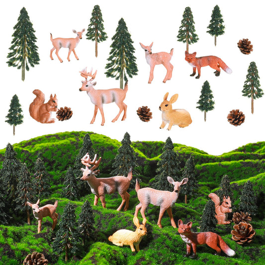 26 Pcs Forest Woodland Figurines Toys Model Trees Kit with Deer Figurine Squirrel Toy Playset Cake Toppers for Kids Toddlers Birthday Party