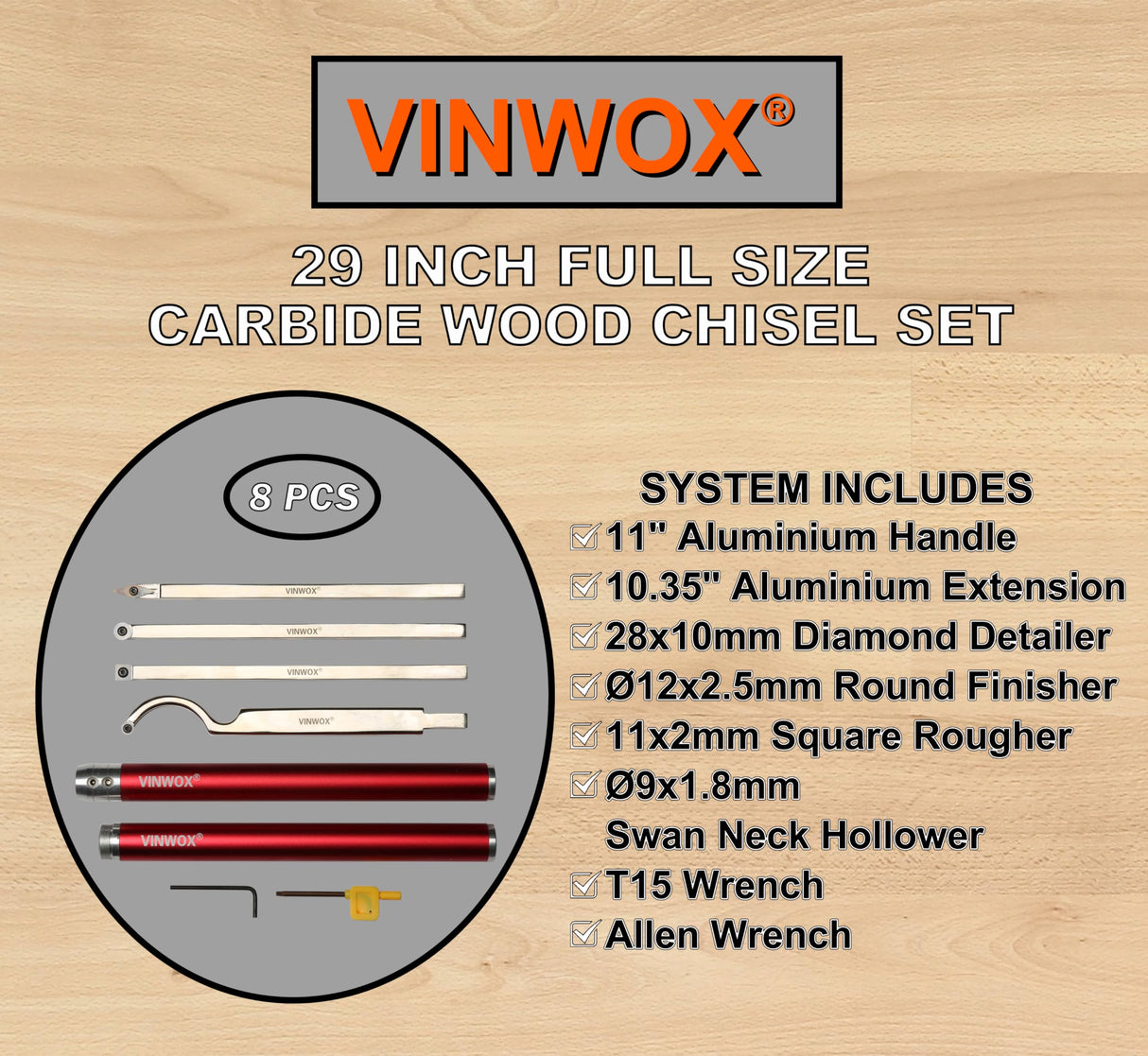 VINWOX 8 PCS Carbide Wood Lathe Turning Tool Set, Carbide Lathe Turning Tool, Including Swan Neck Hollower, Rougher, Finisher, Detailer, Pen Turning VINWOX