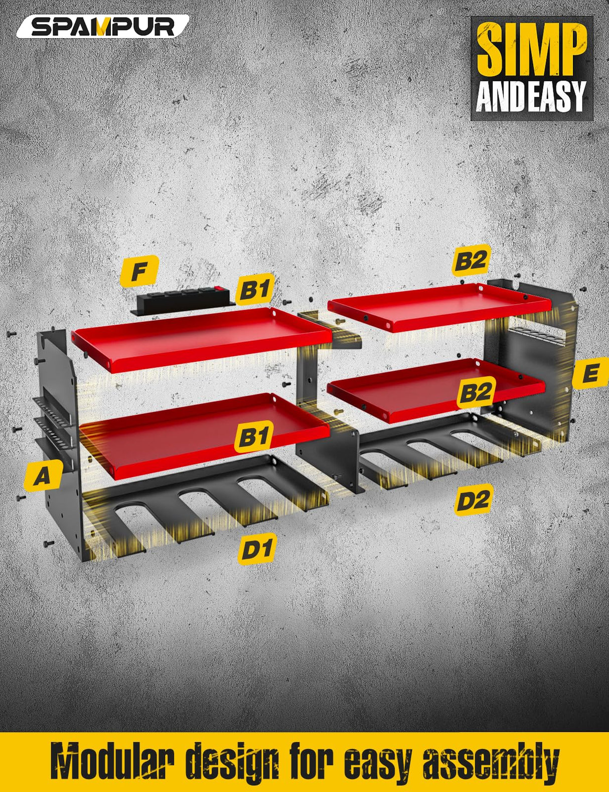 Spampur Power Tool Organizer with Charging Station, 6 Drill Holders Wall Mount, Heavy Duty Metal Premium Garage Tool Shelf, Gift for Man Cordless Spampur