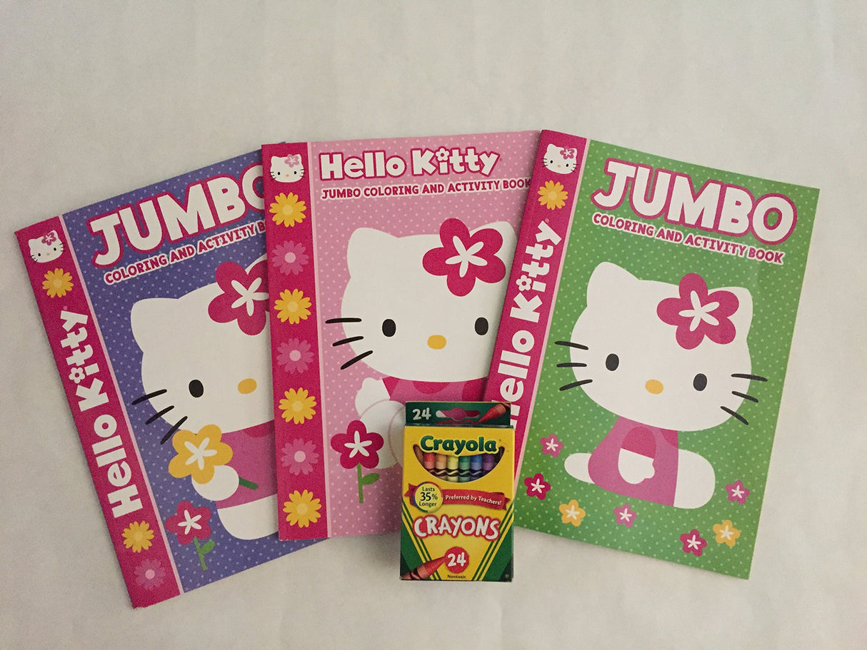 Hello Kitty 4pc Bundle Set Includes three 96 page Jumbo coloring & Activity Books and a 24 pack of Crayola crayons WoodArtSupply