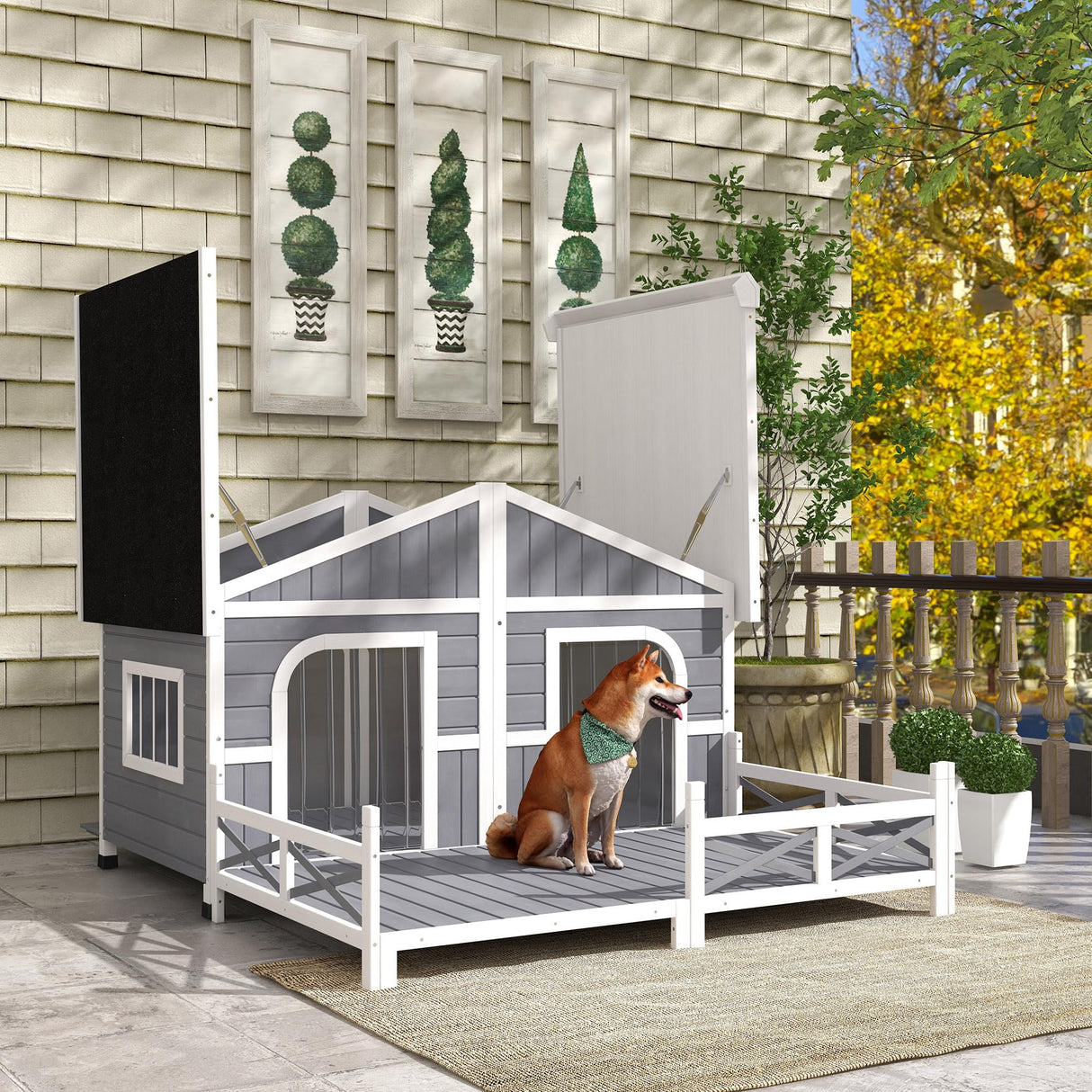 PawHut Wooden Large Dog House Outdoor Double XL Dog Kennel with Elevated Floor and Porch, Weatherproof Puppy Shelter for Small and Medium Breed Dogs, PawHut