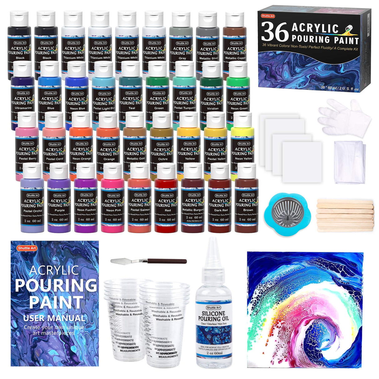 Shuttle Art Acrylic Pouring Paint, Set of 36 Bottles (2 oz/60ml) Pre-Mixed High-Flow Acrylic Paint Pouring Supplies with Canvas, Silicone Oil, Shuttle Art