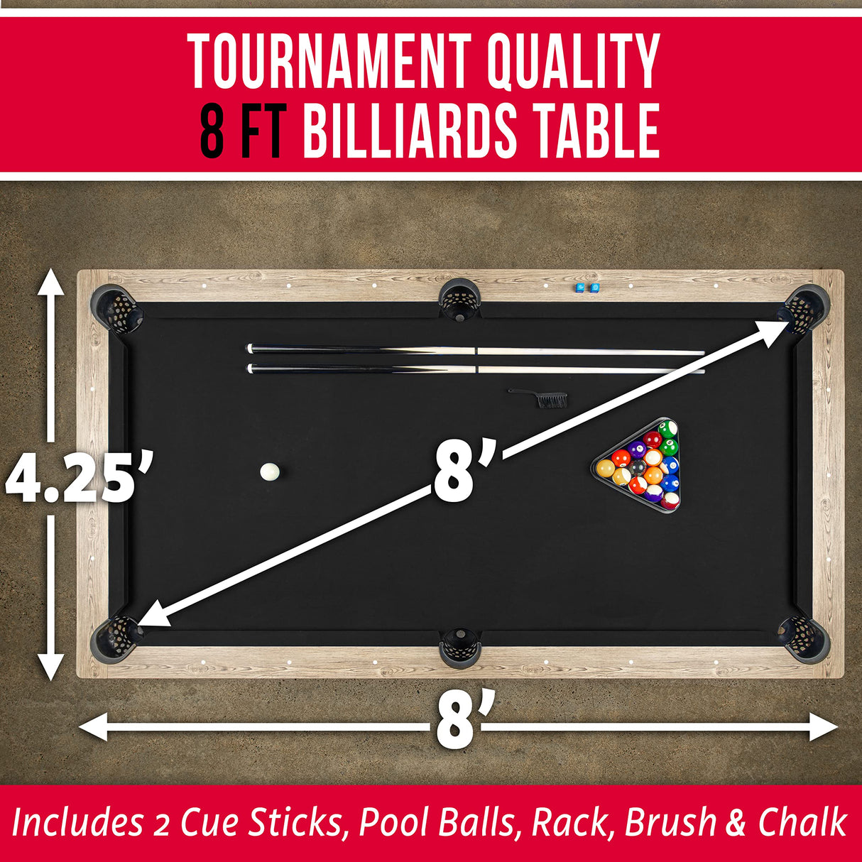 GoSports 8 ft Pool Table with Wood Finish - Modern Billiards Table with 2 Cue Sticks, Balls, Rack, Felt Brush and Chalk - Choose Your Style GoSports