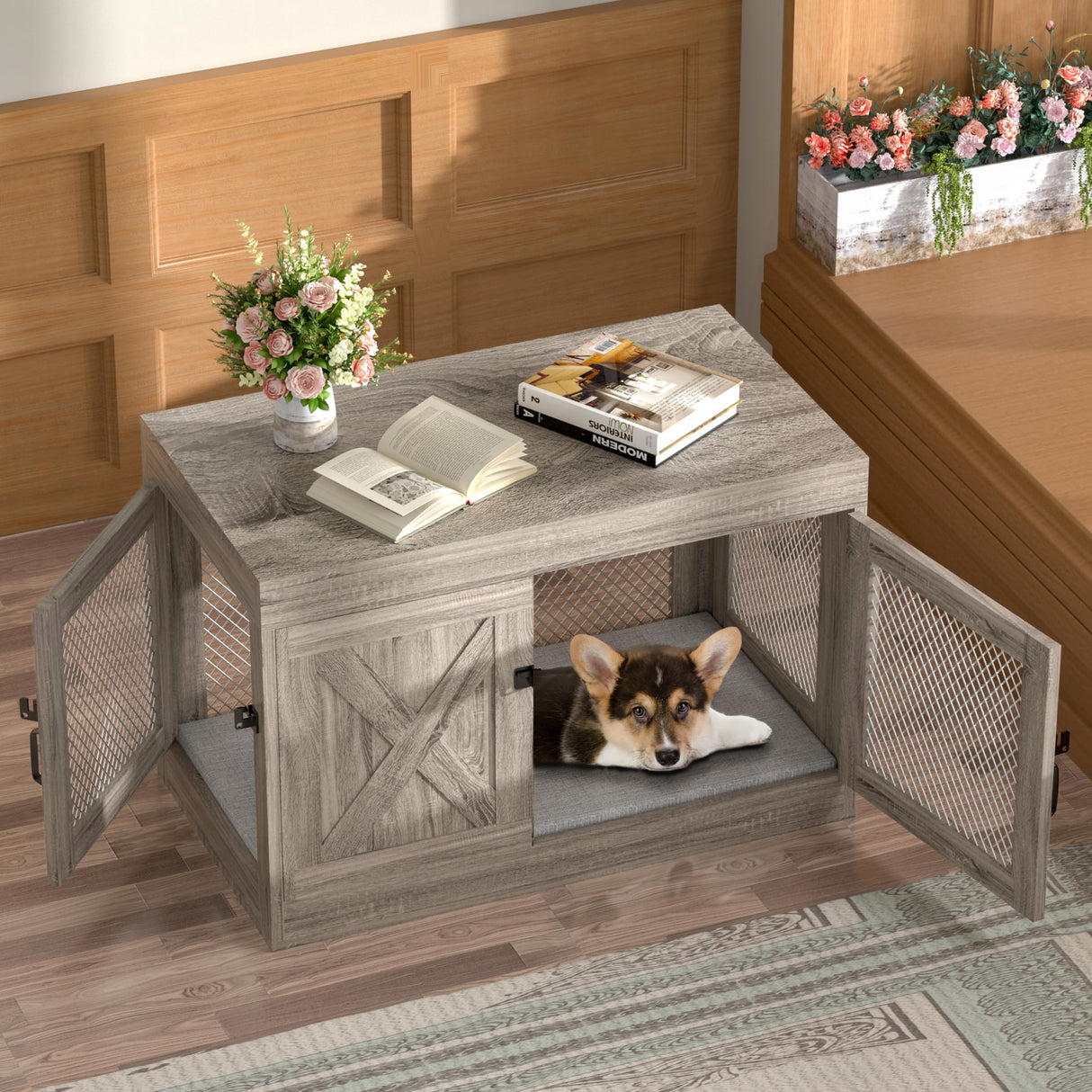 Xilingol Corner Pet Crate/Cage/House Furniture, Wooden Dog Kennel Side End Table for Small Medium Large Dog, Indoor Use Xilingol