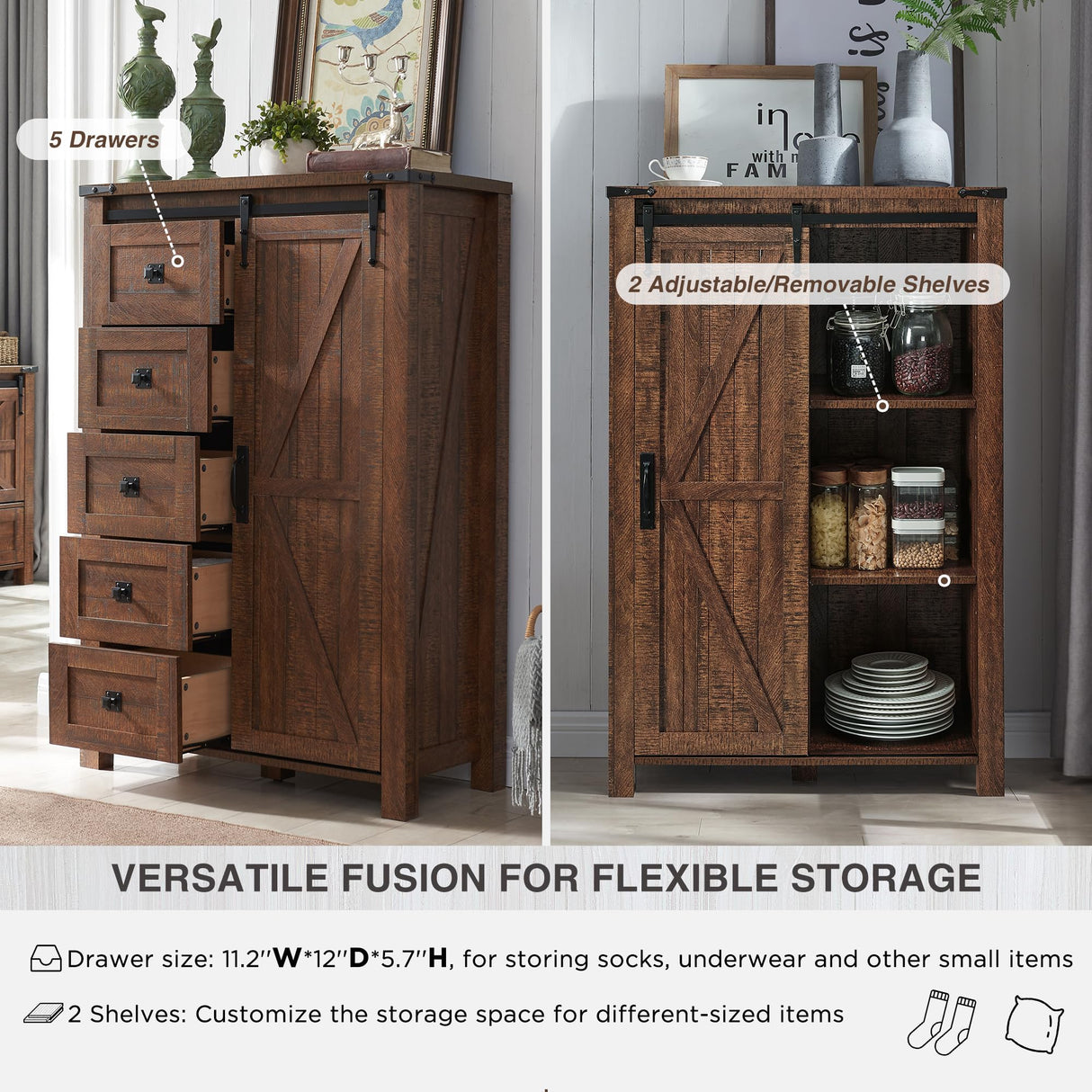 T4TREAM 5 Drawers Dresser for Bedroom w/Sliding Barn Door, Farmhouse Modern Dresser Tall 5 Chest of Drawers, Storage Organizer Dresser for Bedroom, T4TREAM