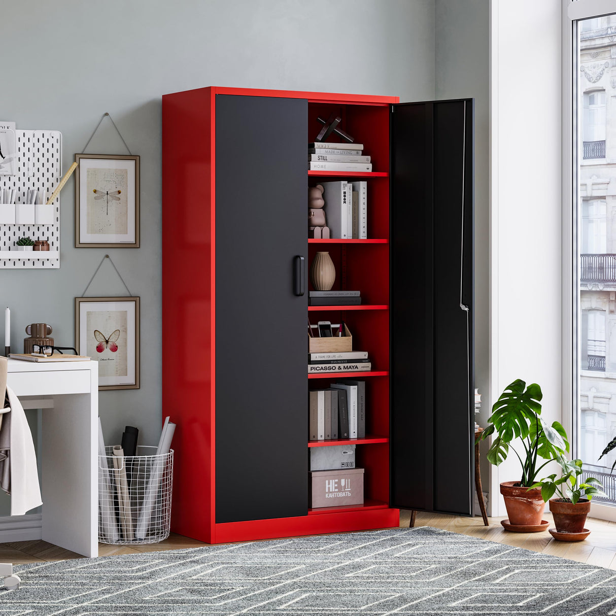 MIIIKO Metal Storage Cabinet with Locking Doors, Tall Steel Cabinets with 5 Shelves, Garage Storage Locker Cabinet for Pantry Workshops and Office MIIIKO