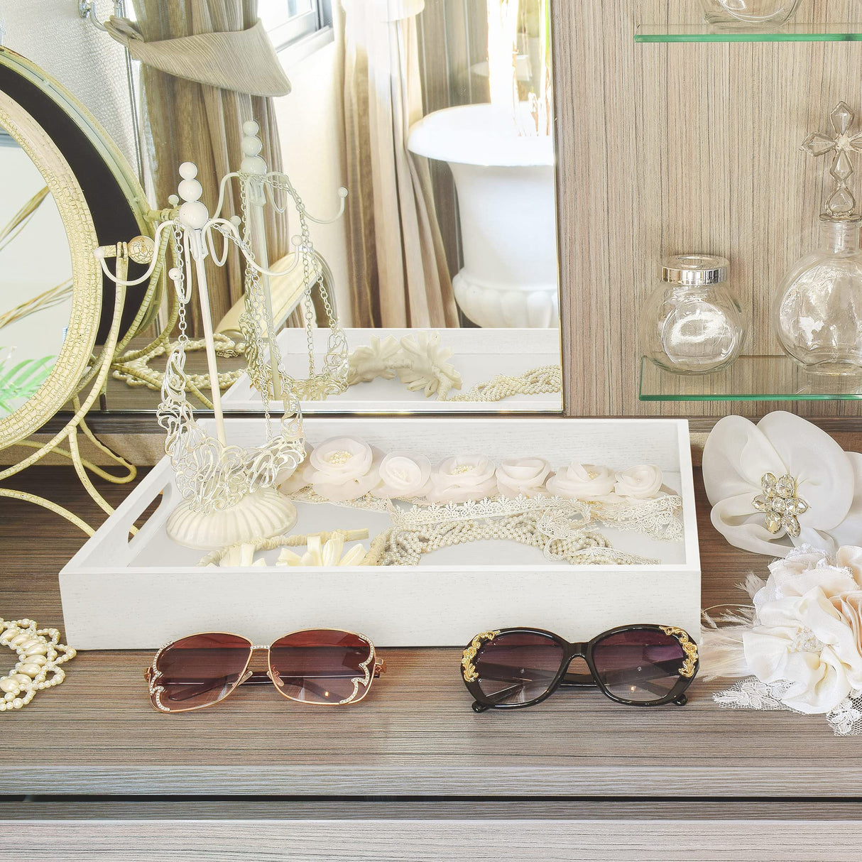 ATZYmolin Wood Serving Tray with Handles, Home Decorative Wooden Rectangle Ottoman Decor Platter Vanity Tray for Breakfast Dinner Drinks Kitchen ATZYmolin