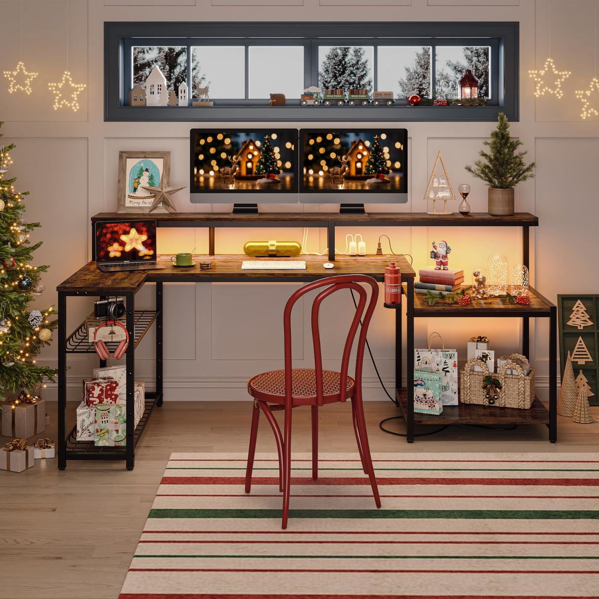 Bestier 71.5 inch Computer Desk with Power Outlets, L Shaped LED Home Office Desk with Long Monitor Stand, Large Corner Desk with Storage Shelf, Cup Bestier