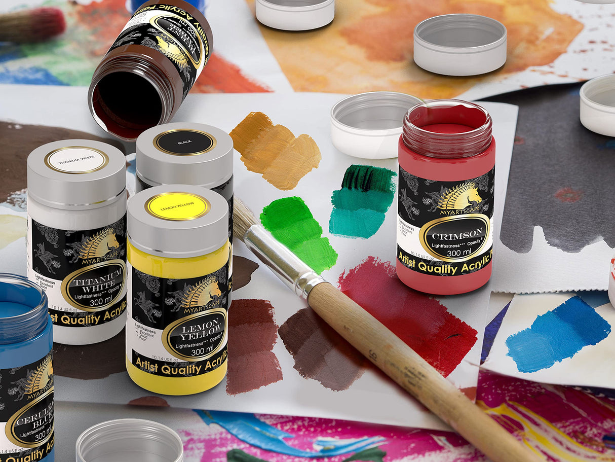 MyArtscape Acrylic Paint Set - 12 x 300ml Bottles with Miniature Paint Brushes, Set of 12 for Detail & Fine Point Painting MyArtscape