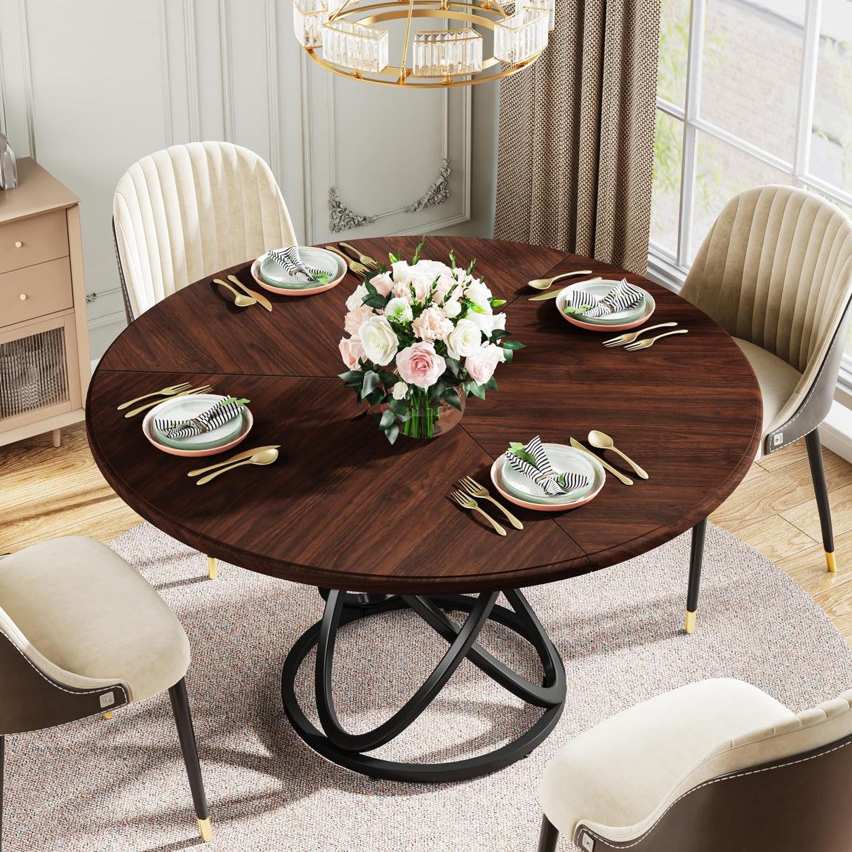 Tribesigns Round Dining Table for 4, 47 Inch Dinner Table Circle Kitchen Table with Metal Base, Wood Dining Room Table Cofee Table for Kitchen, Tribesigns