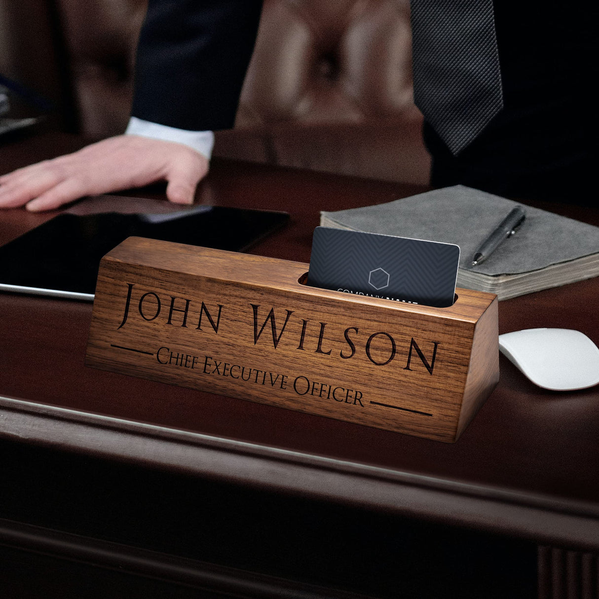 Personalized Wood Desk Name Plates, Custom Engraving Name Plates with Business Card Holder for Desks, Office Gift for Boss Teacher CEO Coworker, Man KWOOD