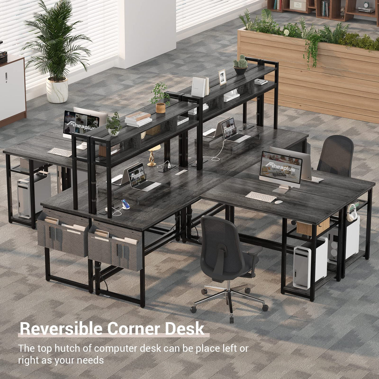 Aheaplus L Shaped Desk with Power Outlet, LED Strip & Storage Shelf for Gaming and Home Office Aheaplus